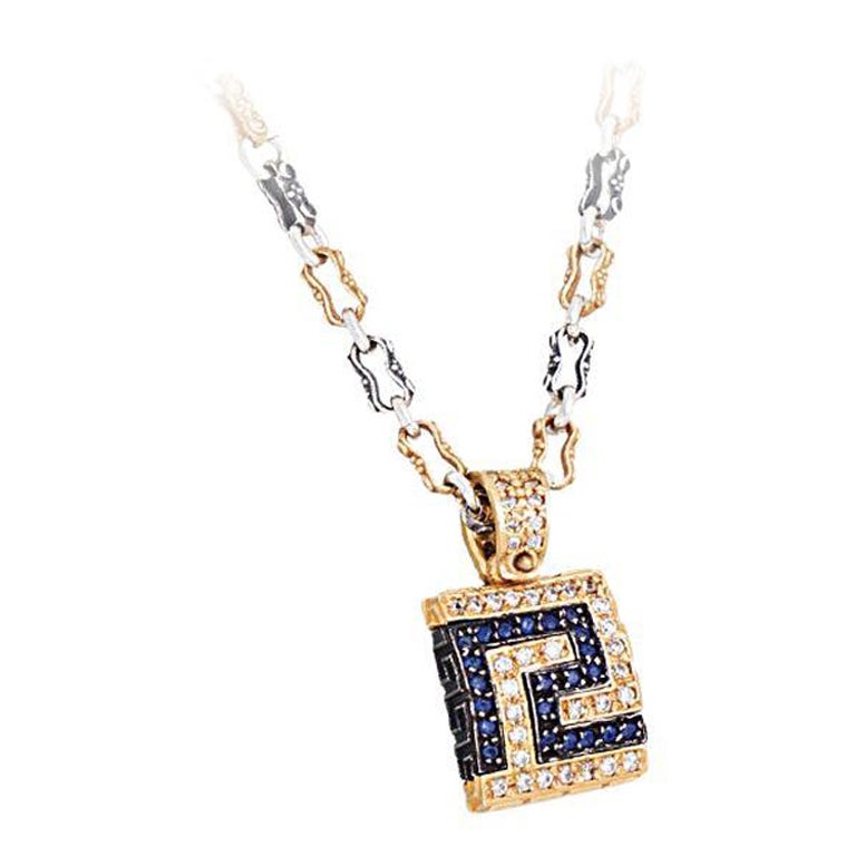 Greca Pave Pendant with Zircon and Tricolor Chain, Dimitrios Exclusive M287 For Sale