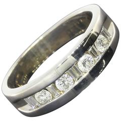 Alternating Round and Baguette Diamond Gold Channel Band Ring
