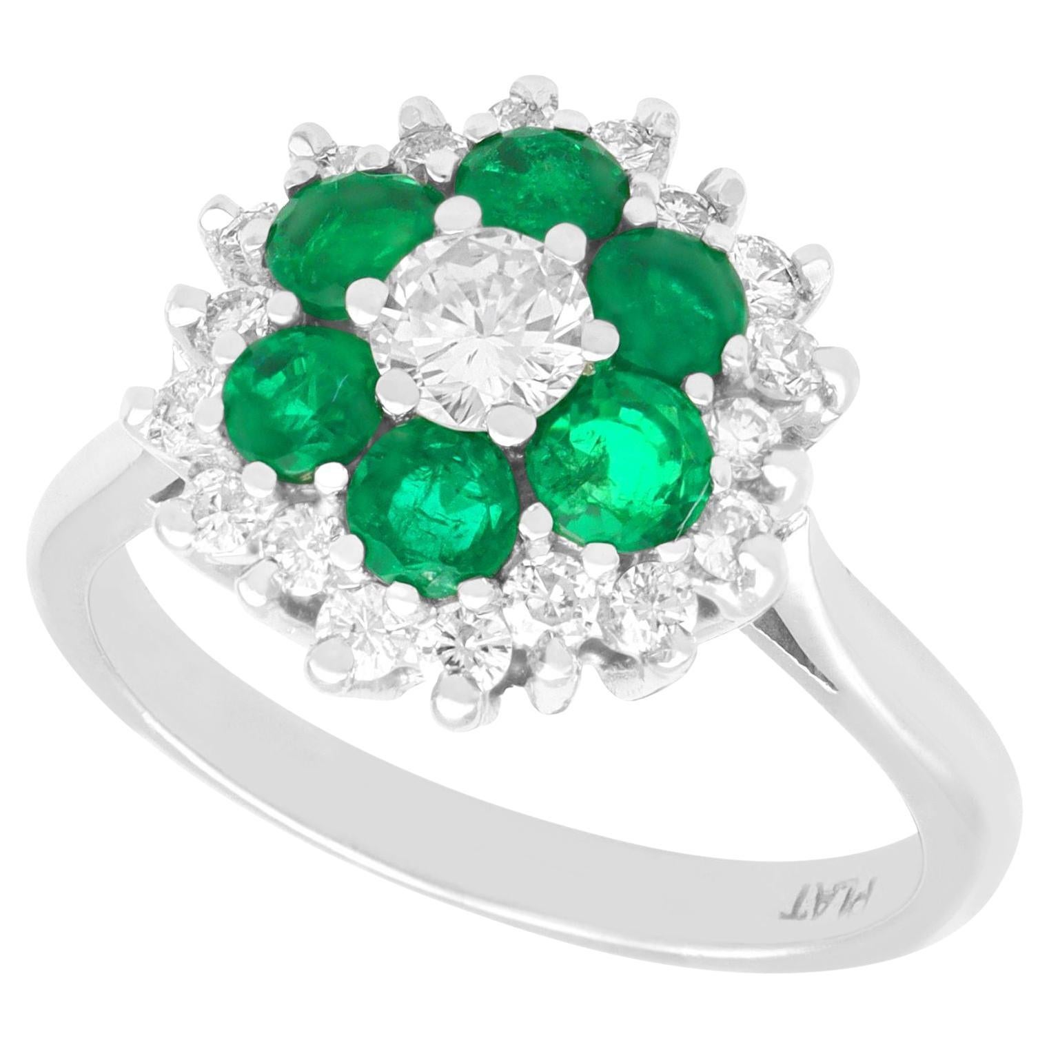Vintage Diamond and 1.10 Carat Emerald 18k White Gold Dress Ring For Sale