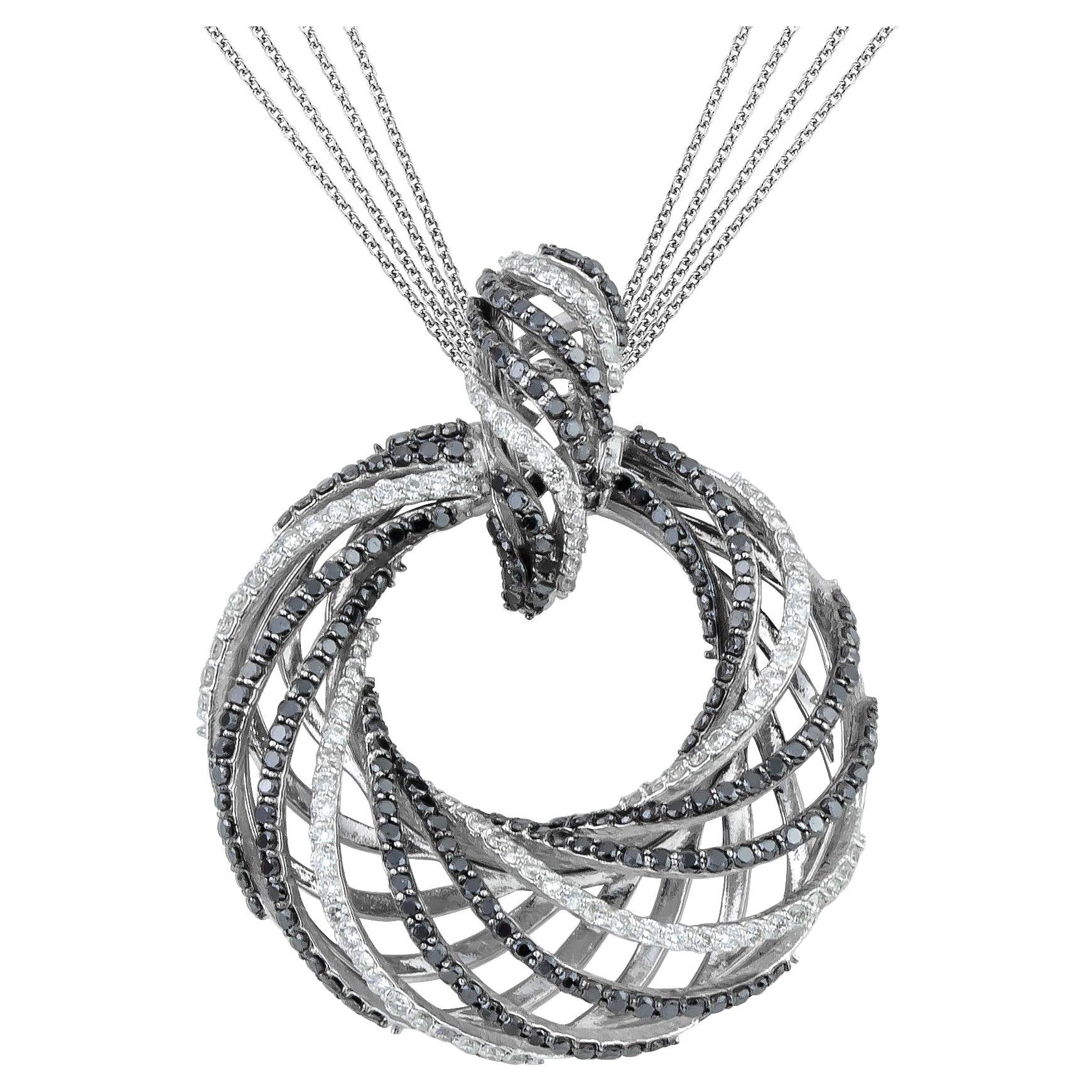 Croissant Black and White Pave Diamonds Round Pendant Necklace 18kt White Gold For Sale