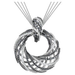 Croissant Black and White Pave Diamonds Round Pendant Necklace 18kt White Gold