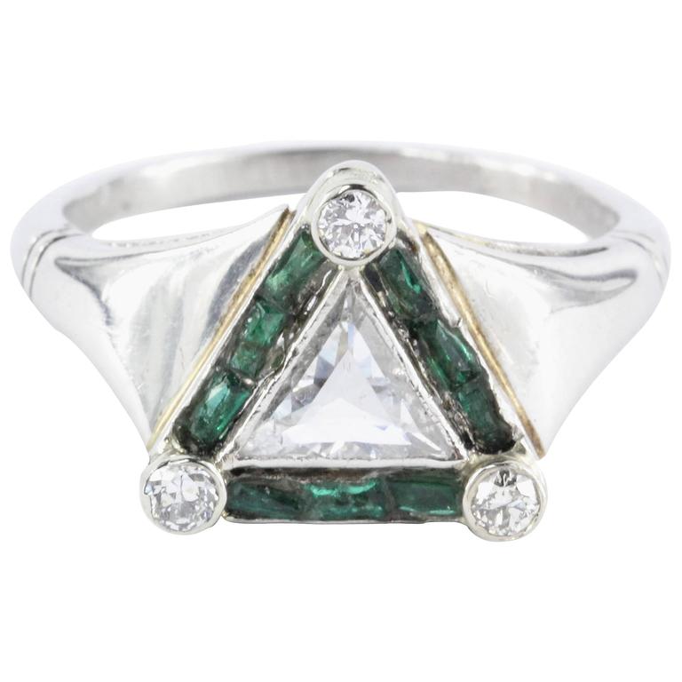 Art Deco Emerald Rare Trillion Cut Diamond Platinum Engagement Ring at