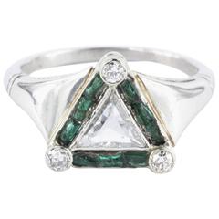 Art Deco Emerald Rare Trillion Cut Diamond Platinum Engagement Ring