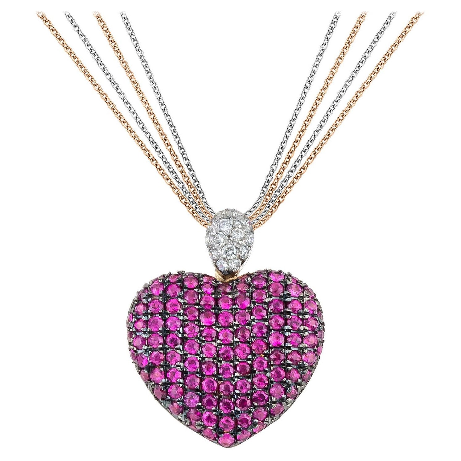 Heart Pave Setting Pink Sapphires and Diamonds Pendant Necklace 18kt Rose Gold For Sale