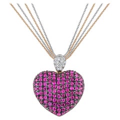 Heart Pave Setting Pink Sapphires and Diamonds Pendant Necklace 18kt Rose Gold
