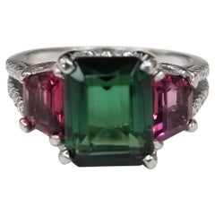 14k White Gold 3 Stone Green and Pink Tourmaline with Split Shank of Diamonds