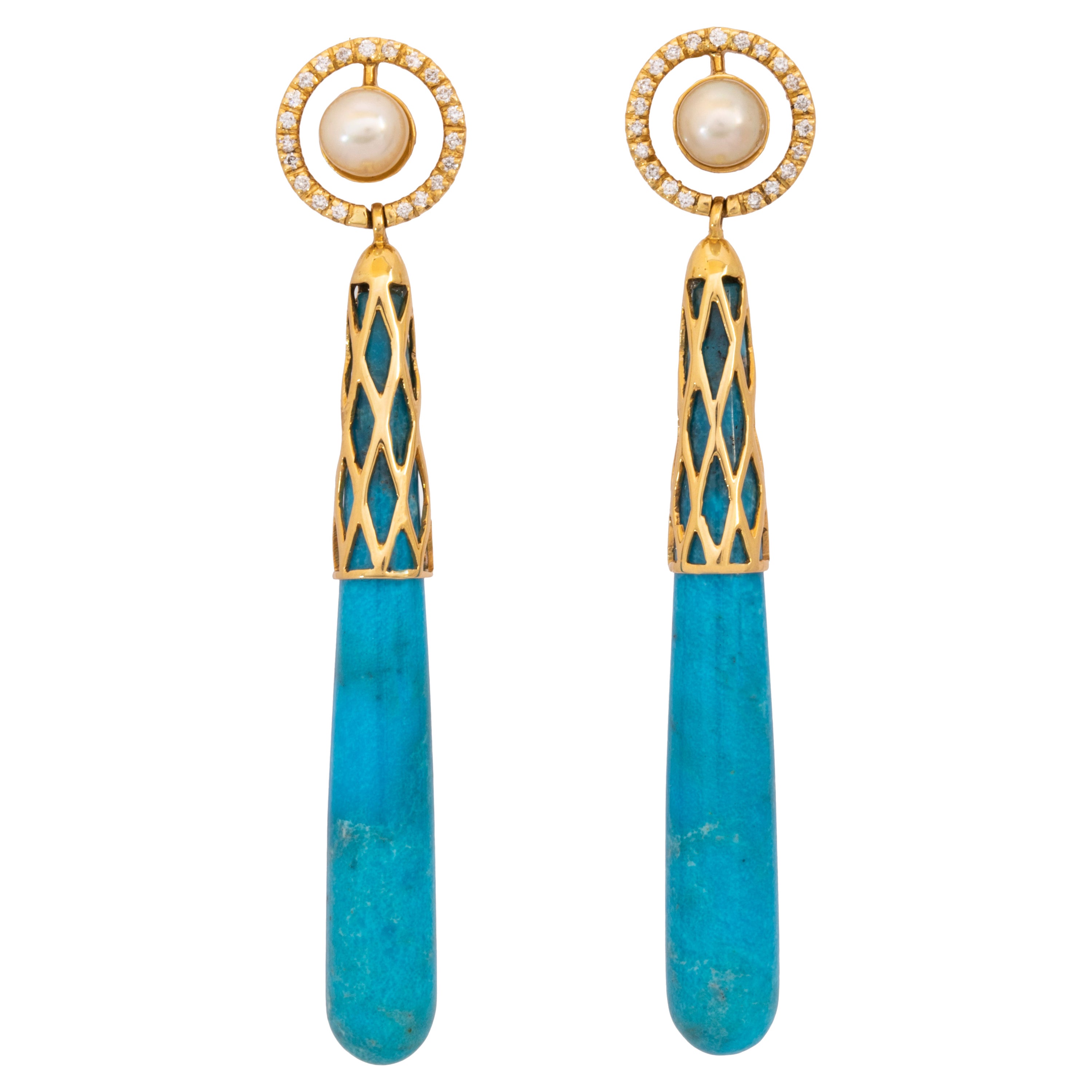 18k Yellow Gold Nishapuri Turquoise Earrings Topped with Certified Natural Pearl For Sale