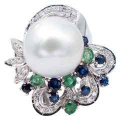 South-Sea Pearl, Emerlads, Sapphires, Diamonds, 14 Karat White Gold Ring