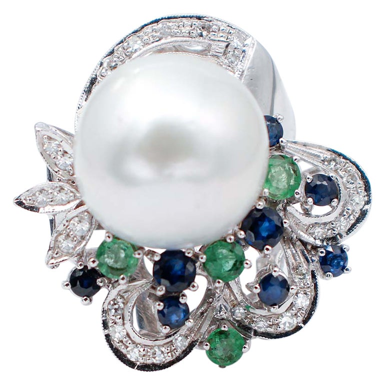 South-Sea Pearl, Emerlads, Sapphires, Diamonds, 14 Karat White Gold Ring For Sale