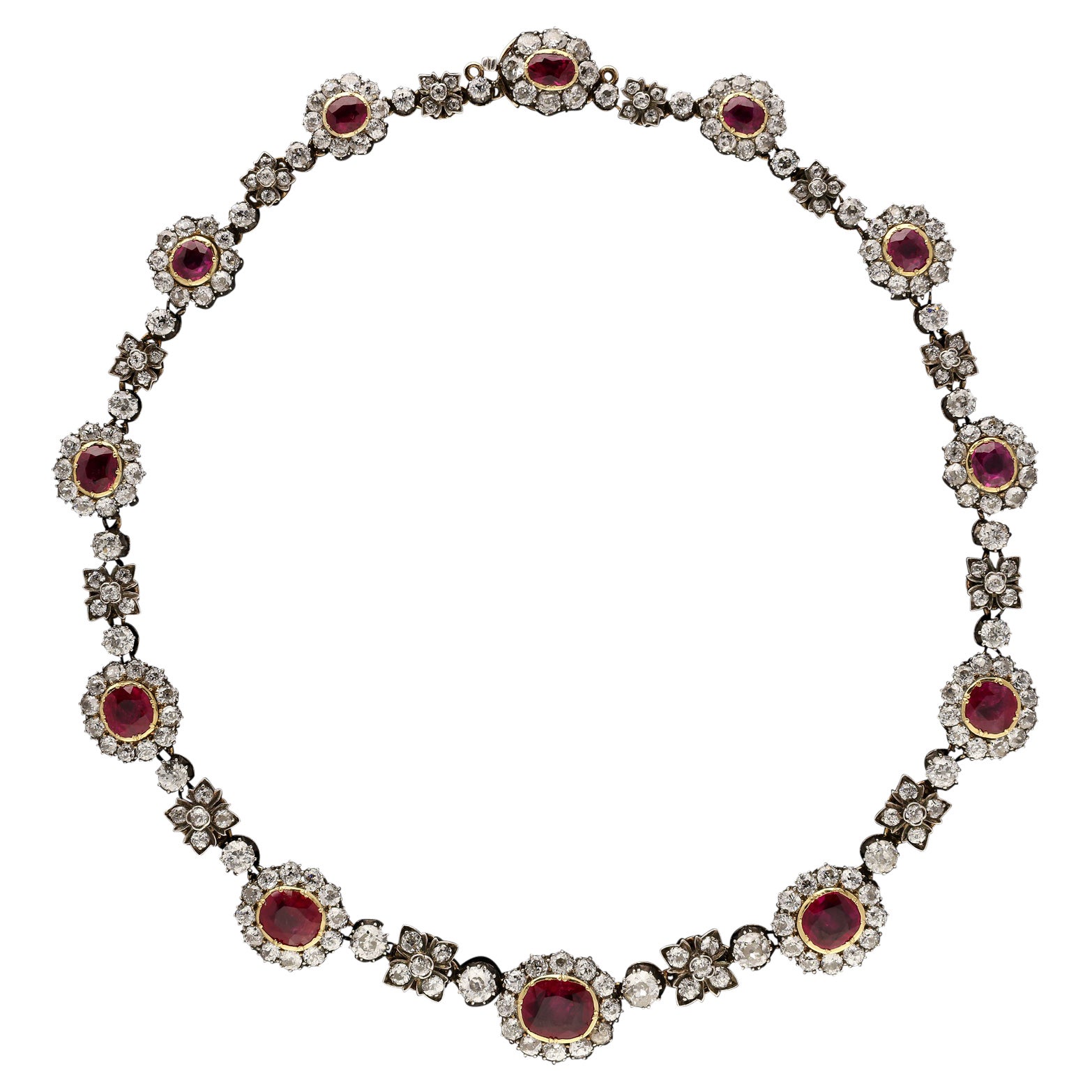 French Antique Stunning Burmese Ruby and Diamond Cluster Necklace, Circa 1870