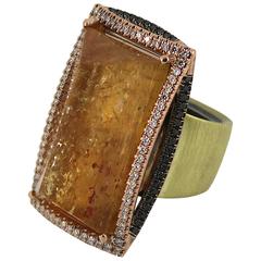 Golden Topaz Black and White Diamond Silver Two Color Gold Ring Golden Topaz Black and White Diamond Silver Two Color Gold Ring