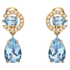 Drop Earrings 18kt Yellow Gold Pear Aquamarine with Pave Diamonds Omega Closures