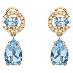 Drop Earrings 18kt Yellow Gold Pear Aquamarine with Pave Diamonds Omega Closures