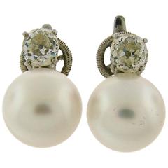 1950s Cartier Monture Pearl Diamond Gold Earrings 