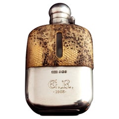 Victorian Hip Flask, Silver, Glass and Faux Snakeskin Leather, James Dixon