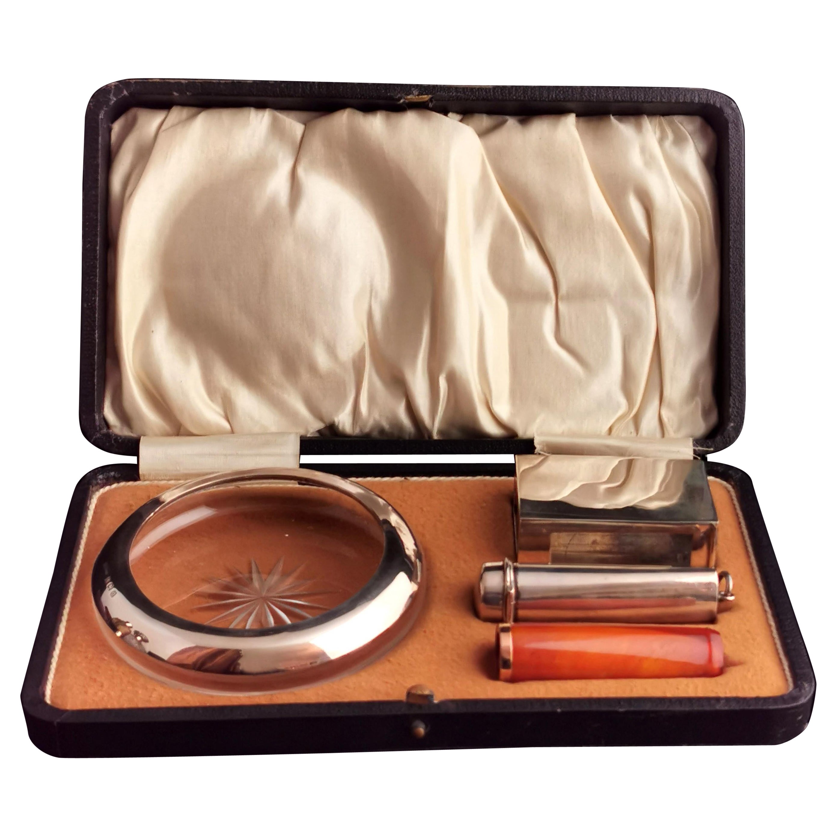 Antique Cigar Smokers Set, Silver, Amber and 9k Gold, Cased