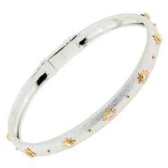 18K White & Rose Gold Flower Diamond Bangle Bracelet in Florentine Finish