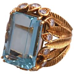 1950s René Kern Aquamarine Diamond Gold Ring