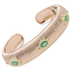 18K Yellow & Rose Gold Art Deco Emerald Diamond Bracelet in Florentine Finish