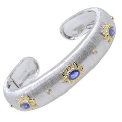 18K White & Yellow Gold Art Deco Sapphire Diamond Bracelet in Florentine Finish