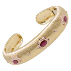 18K Yellow & Rose Gold Art Deco Ruby Diamond Open Bracelet in Florentine Finish
