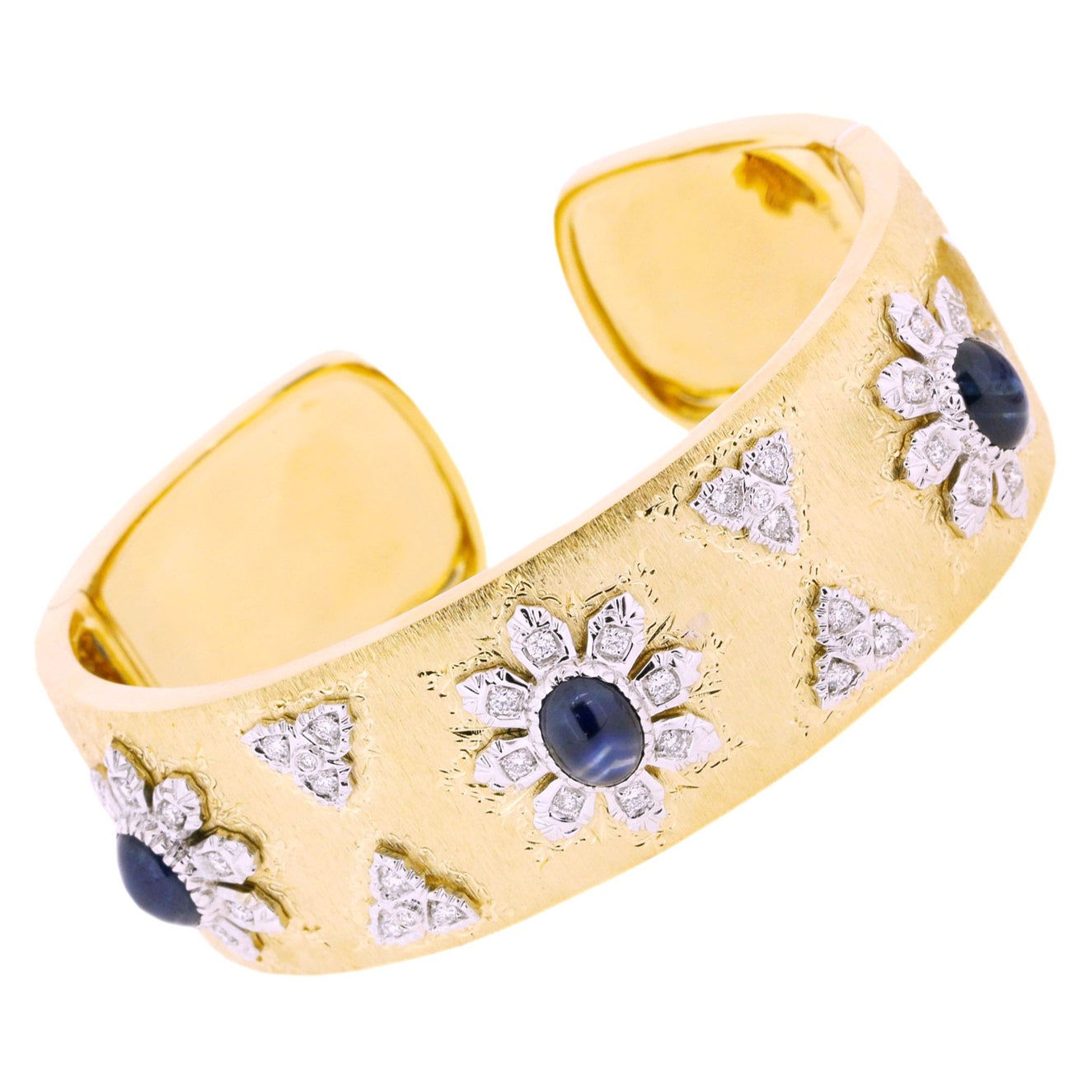 18K White & Yellow Gold Art Deco Sapphire Diamond Bracelet in Florentine Finish
