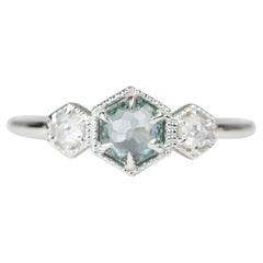 Rose Cut Montana Sapphire Diamond Three-Stone Engagement Ring 14K White Gold