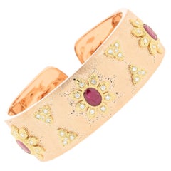 18K Yellow & Rose Gold Art Deco Ruby Diamond Bracelet in Florentine Finish