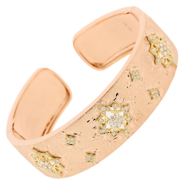 18K Yellow and Rose Gold Diamond Openwork Bangle Art Bracelet in Florentine  Finish For Sale at 1stDibs