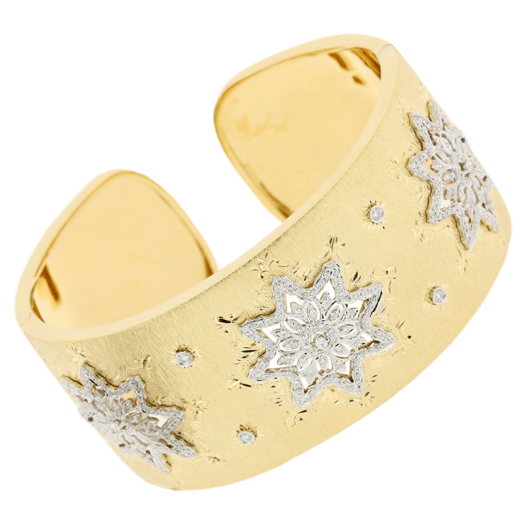 18K White & Yellow Gold Diamond Openwork Art Cuff Bracelet in Florentine Finish