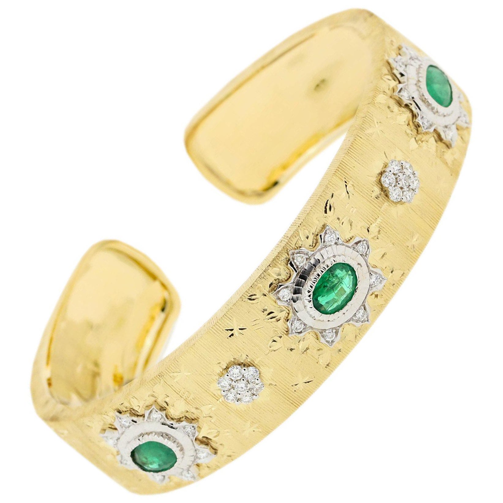 18K White & Yellow Gold Art Deco Emerald Diamond Bracelet in Florentine Finish