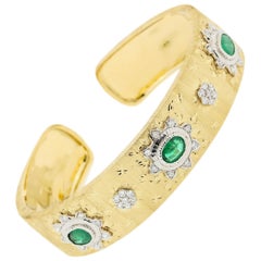 18K White & Yellow Gold Art Deco Emerald Diamond Bracelet in Florentine Finish