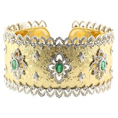 18K White & Yellow Gold Emerald Diamond Openwork Bracelet in Florentine Finish