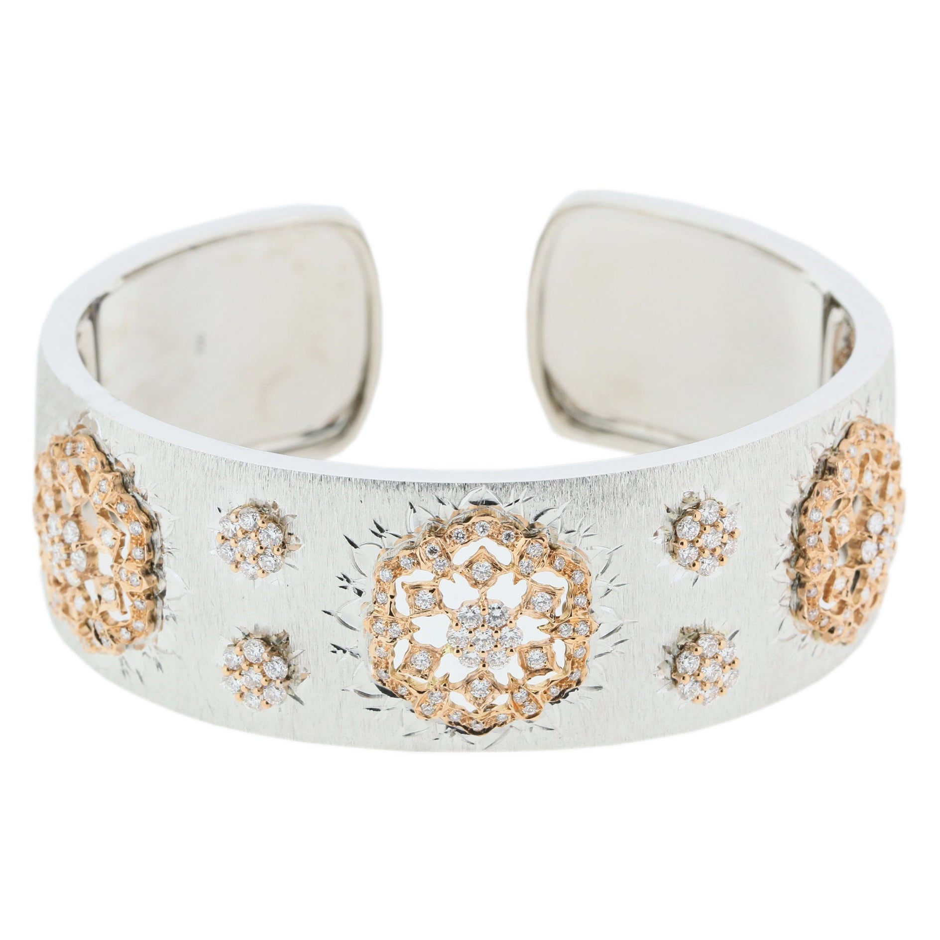 18K White & Rose Gold Diamond Openwork Art Bangle Bracelet in Florentine Finish