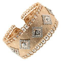18K White & Rose Gold Diamond Openwork Art Bangle Bracelet in Florentine Finish