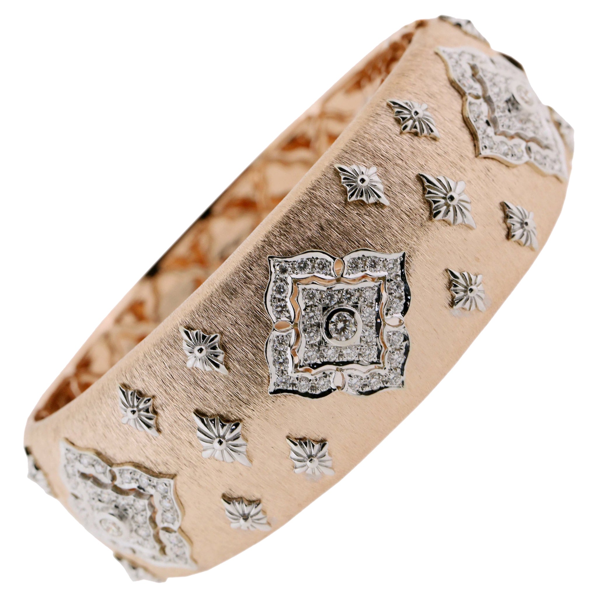 18K White & Rose Gold Diamond Openwork Bangle Bracelet in Florentine Finish