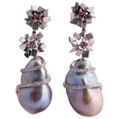 Mauve Freshwater Pearl Pink Sapphire Diamond Gold Earrings