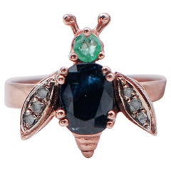 Emerald, Sapphire, Diamonds, 9 Karat Rose Gold and Silver Fly Shape Ring