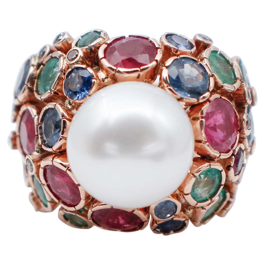 South-Sea Pearl, Emeralds, Sapphires, Rubies, Diamonds, 14 Karat Rose Gold Ring For Sale