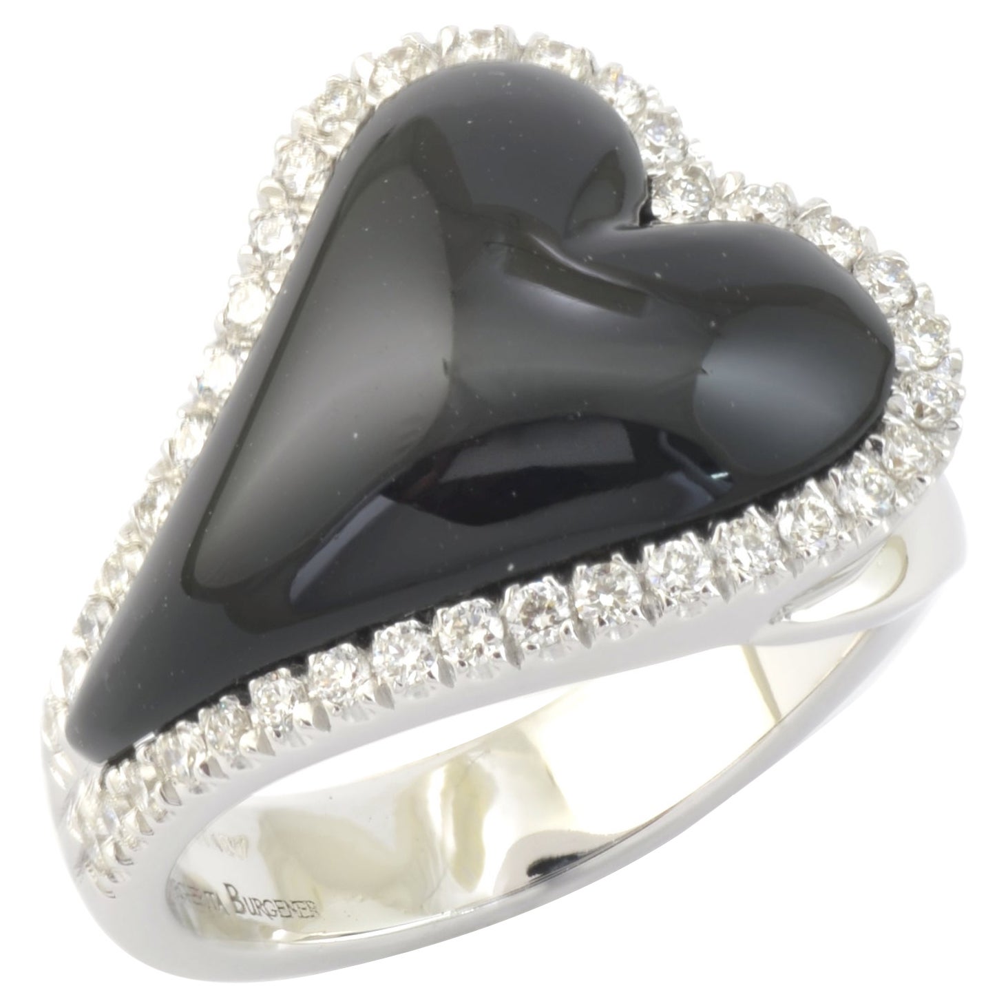 Diamonds Onyx 18 Kt White Gold Made in Italy Heart Ring For Sale