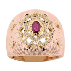 18K Rose Gold Ruby Diamond Openwork Ring in Florentine Finish