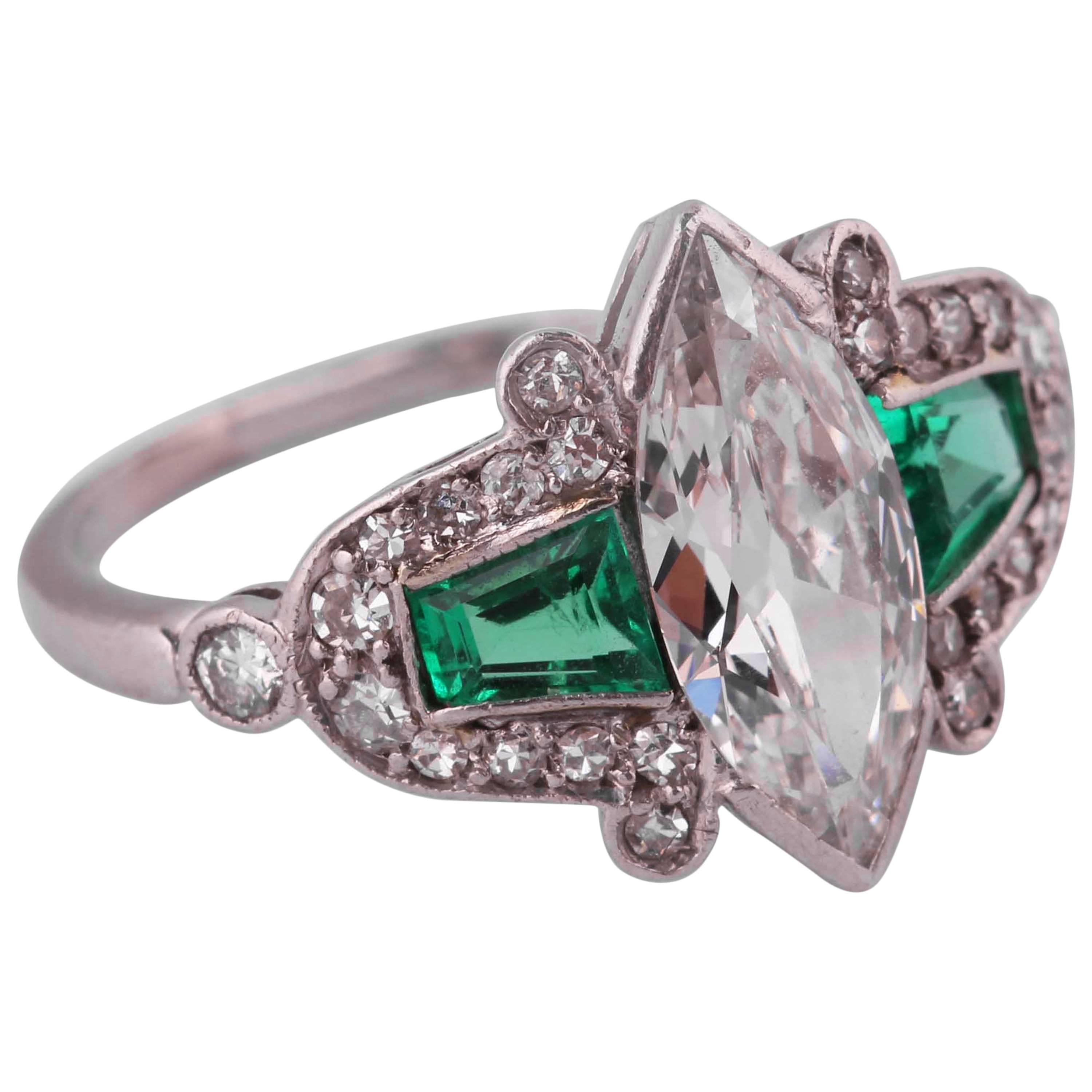Edwardian Natural Emerald Marquise Diamond Platinum Ring For Sale