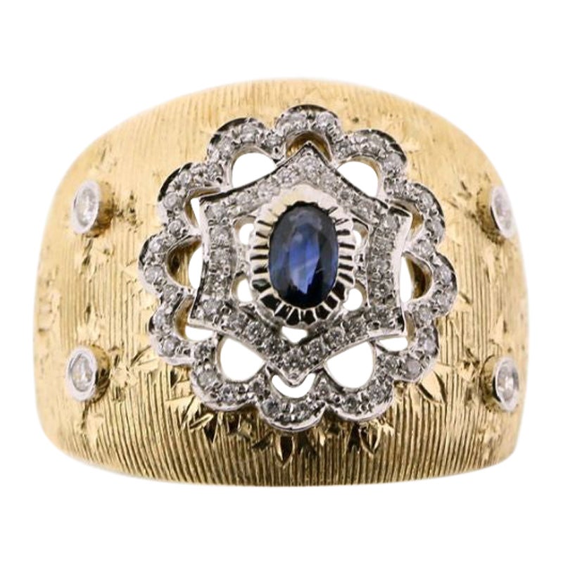 18K Yellow & White Gold Sapphire Openwork Diamond Ring in Florentine Finish