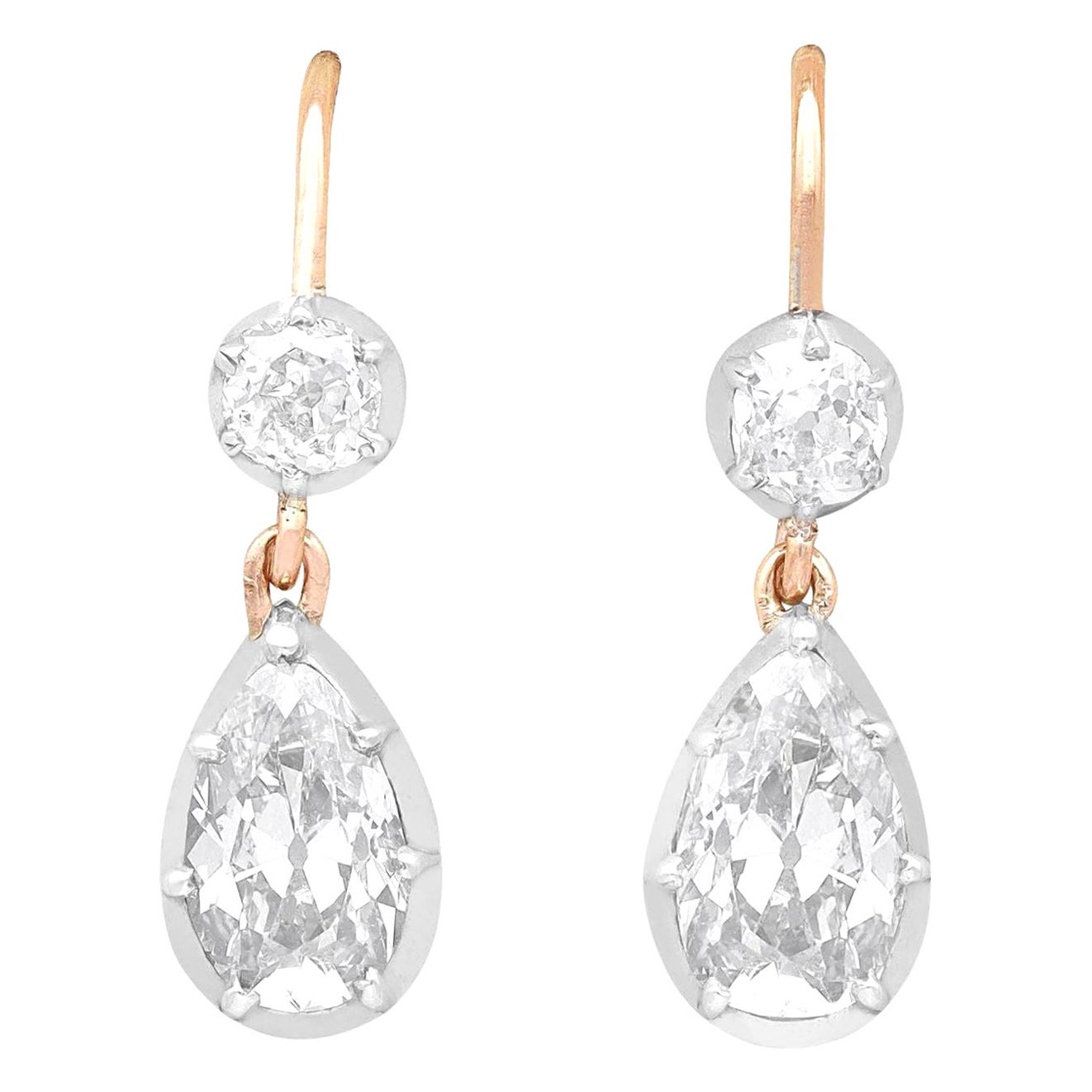 Antique 3.58 Carat Diamond and 9k Yellow Gold Drop Earrings For Sale