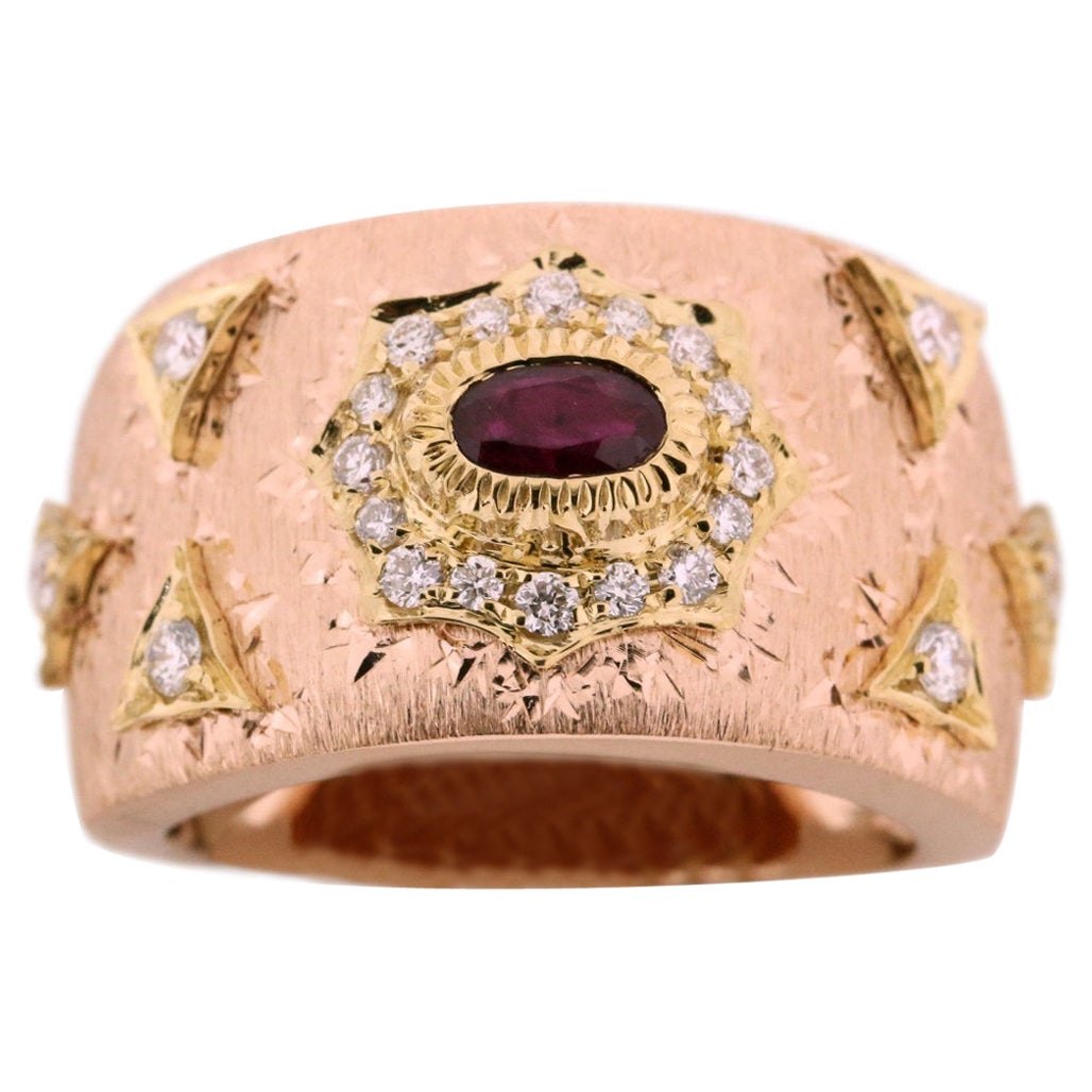 18K Rose & Yellow Gold Ruby Diamond Ring in Florentine Finish