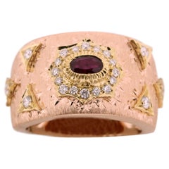 18K Rose & Yellow Gold Ruby Diamond Ring in Florentine Finish