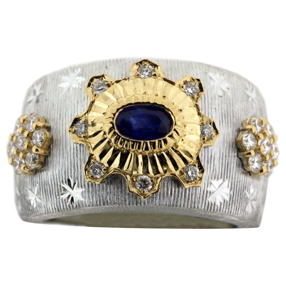 18K White & Yellow Gold Retro Style Sapphire Diamond Ring in Florentine Finish