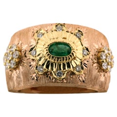 18K Yellow & Rose Gold Classic Oval Emerald Diamond Ring in Florentine Finish