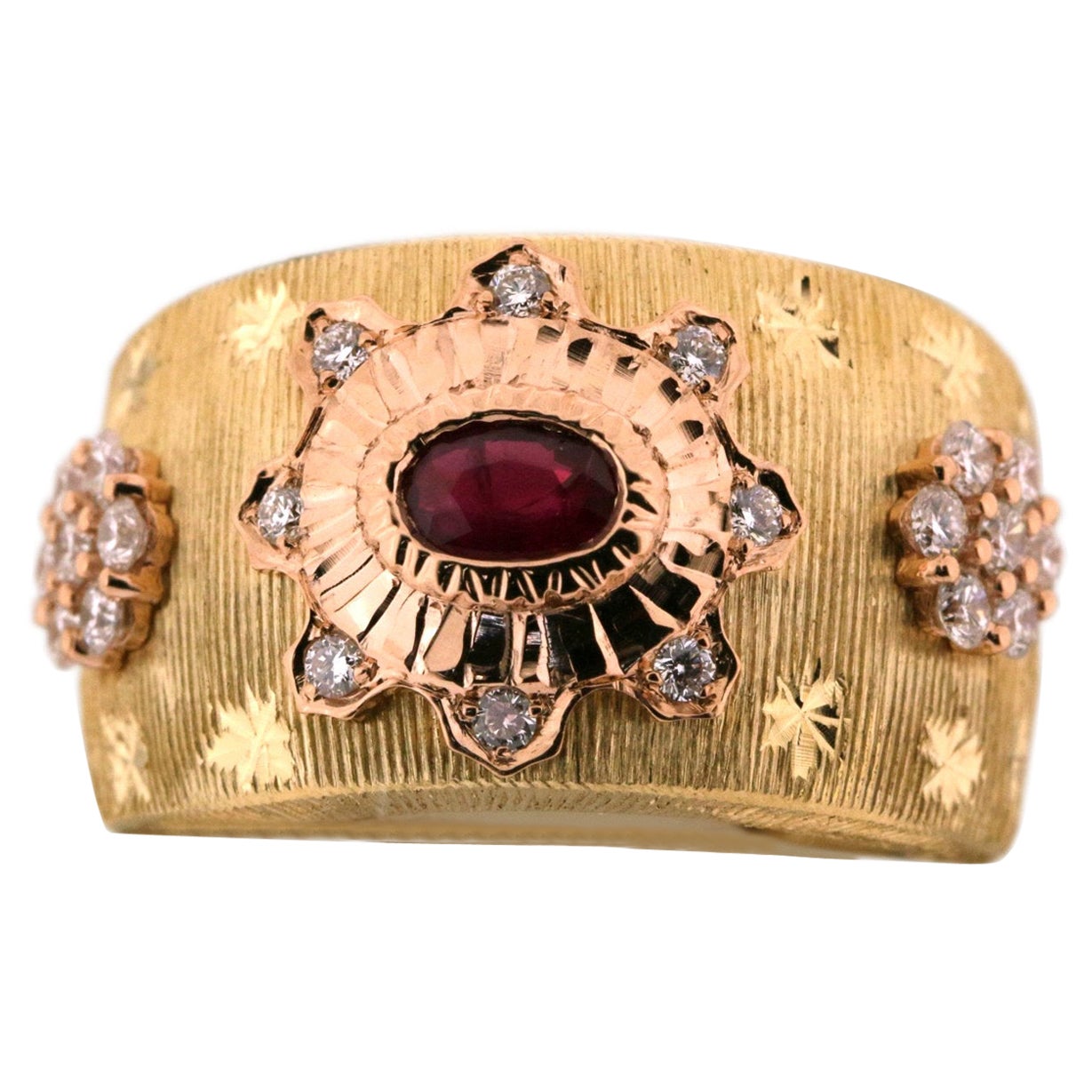 18K Yellow & Rose Gold Retro Style Ruby Diamond Ring in Florentine Finish