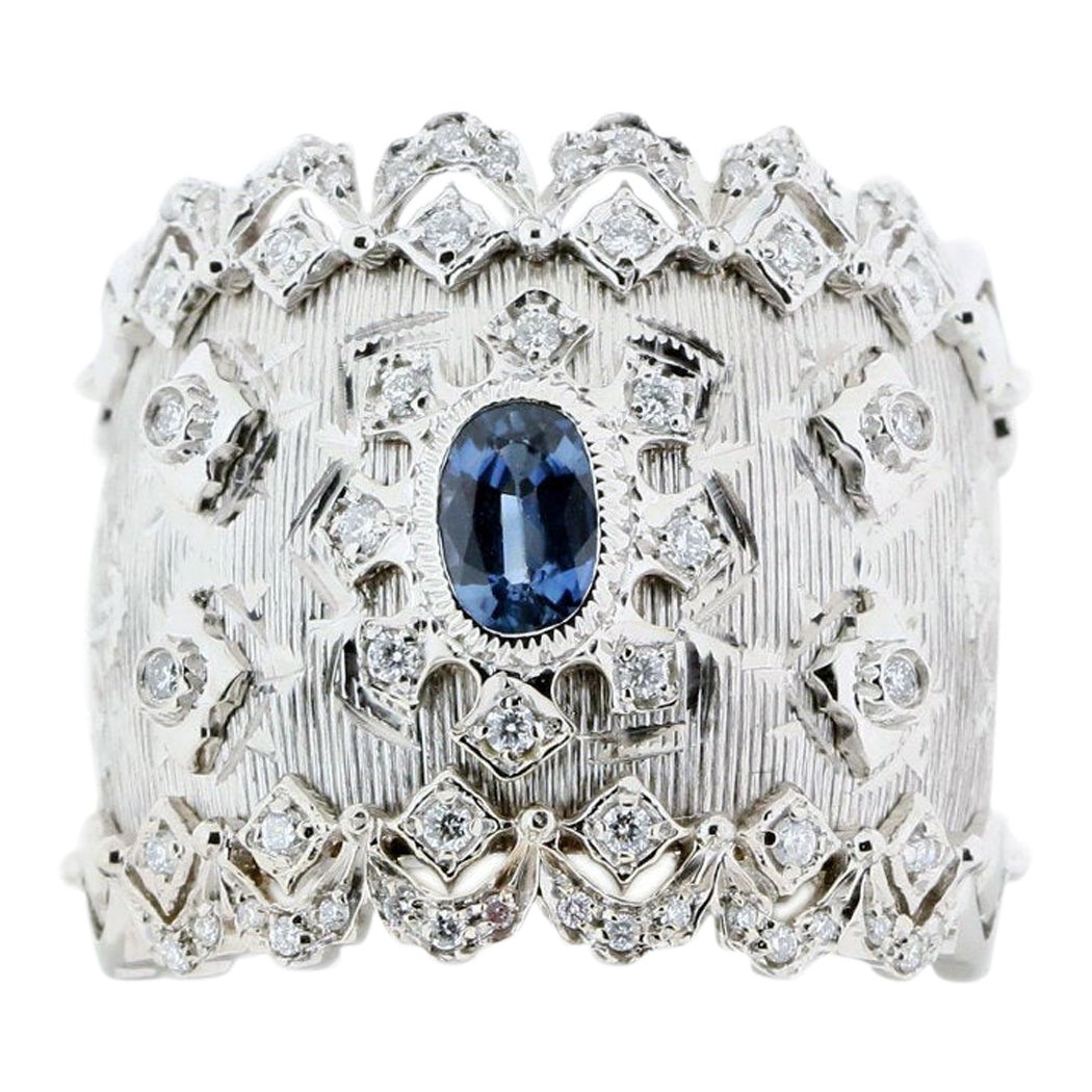 18K White Gold Retro Style Oval Sapphire Diamond Ring in Florentine Finish